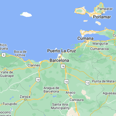 Map showing location of Barcelona (10.133330, -64.700000)